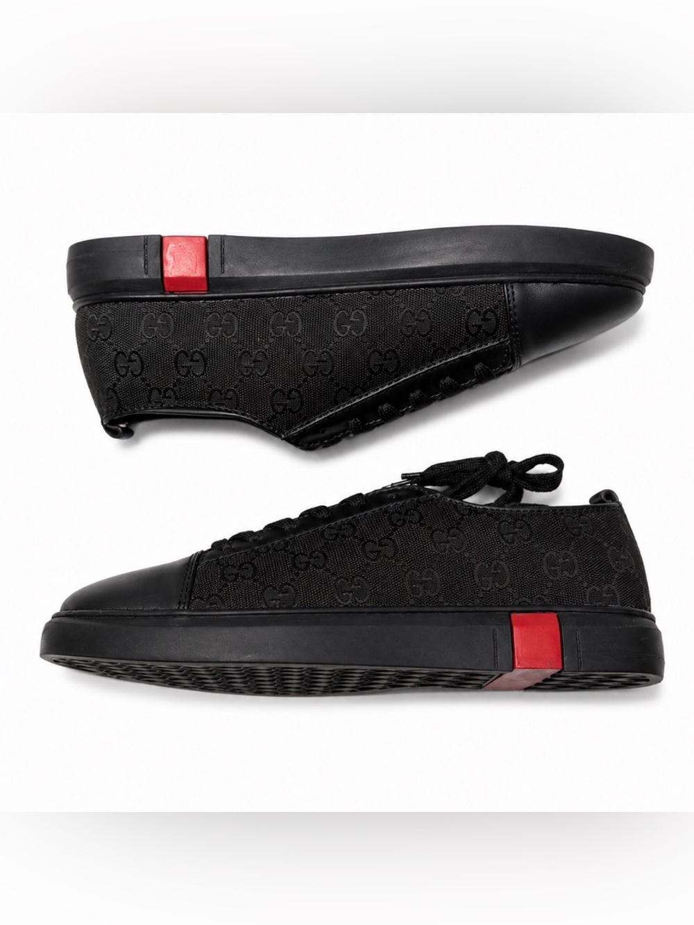 Black Low-Top GG Lace-Up Sneakers with Red Accents